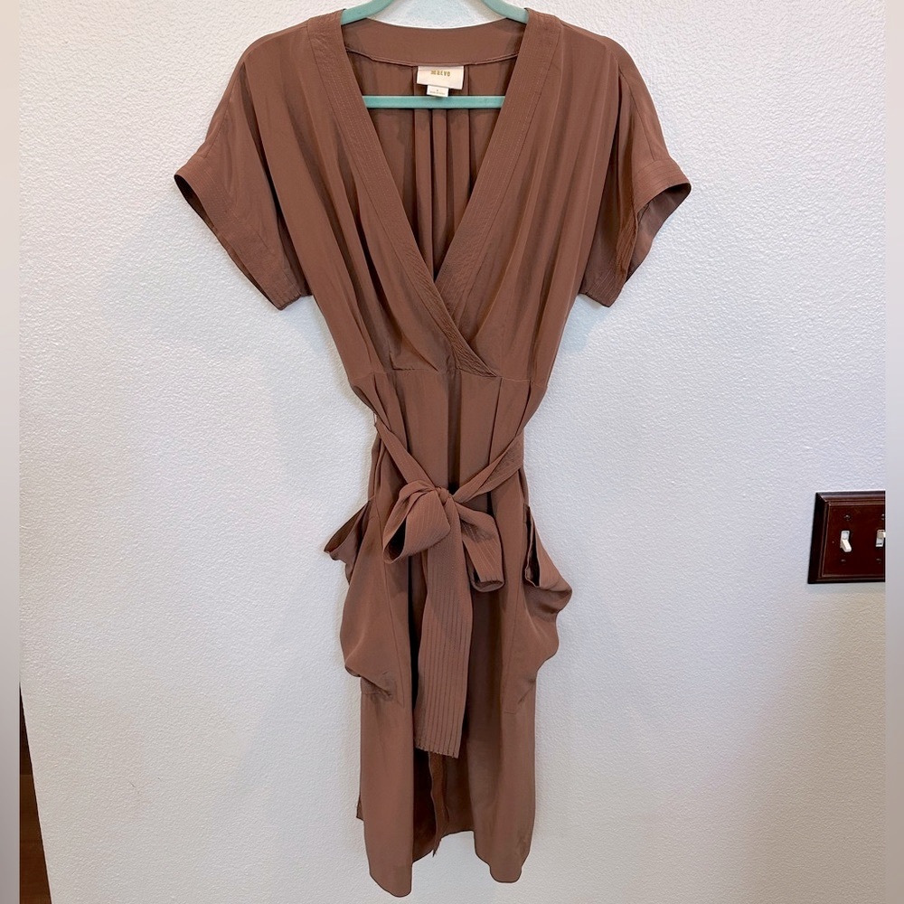 Maeve Brown Wrap Midi Dress with Tie Front and V-Neck